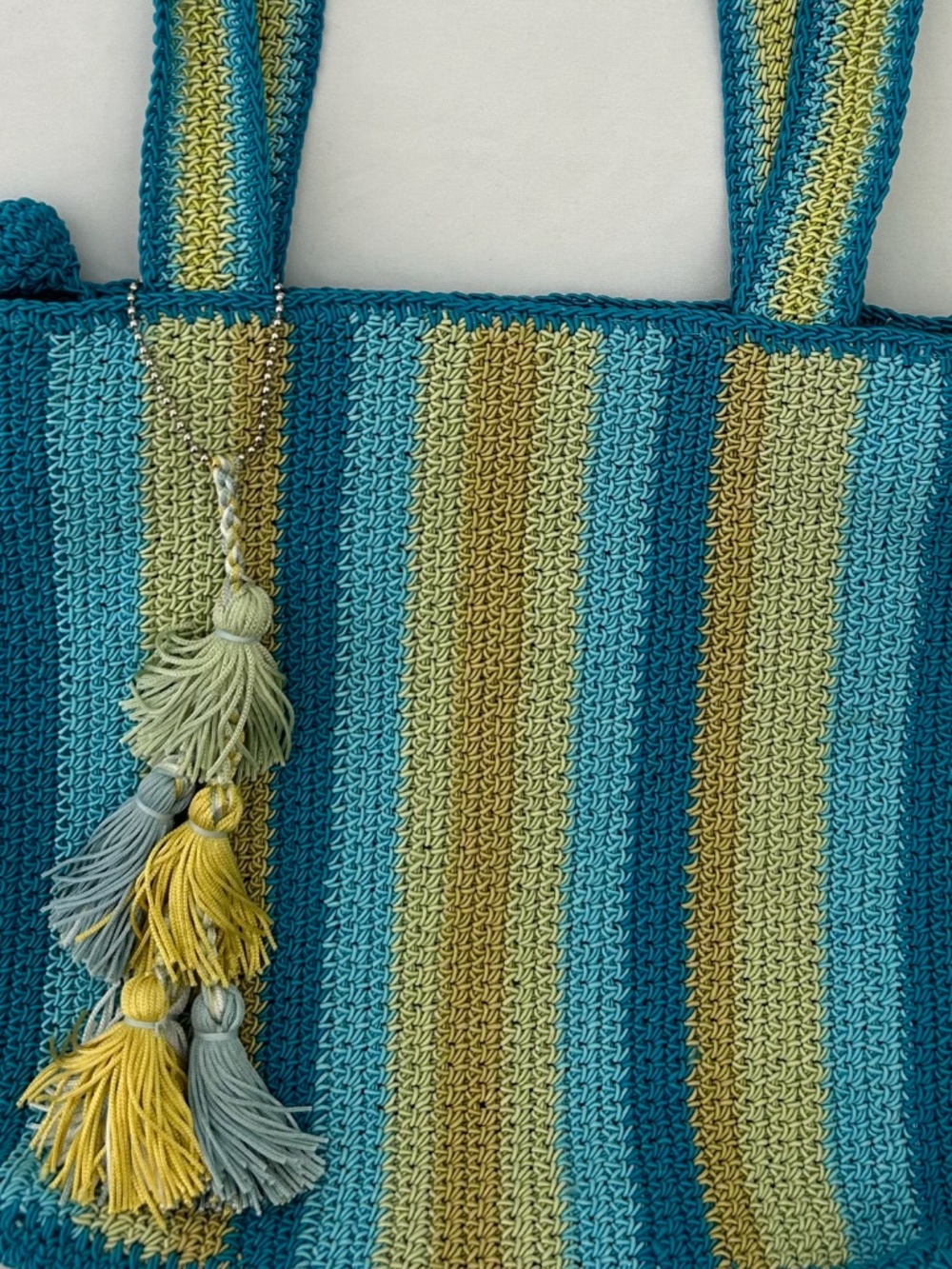 Stone Mountain Woven Crocheted Turquoise/SageTan Striped Tassel Shoulder Bag
